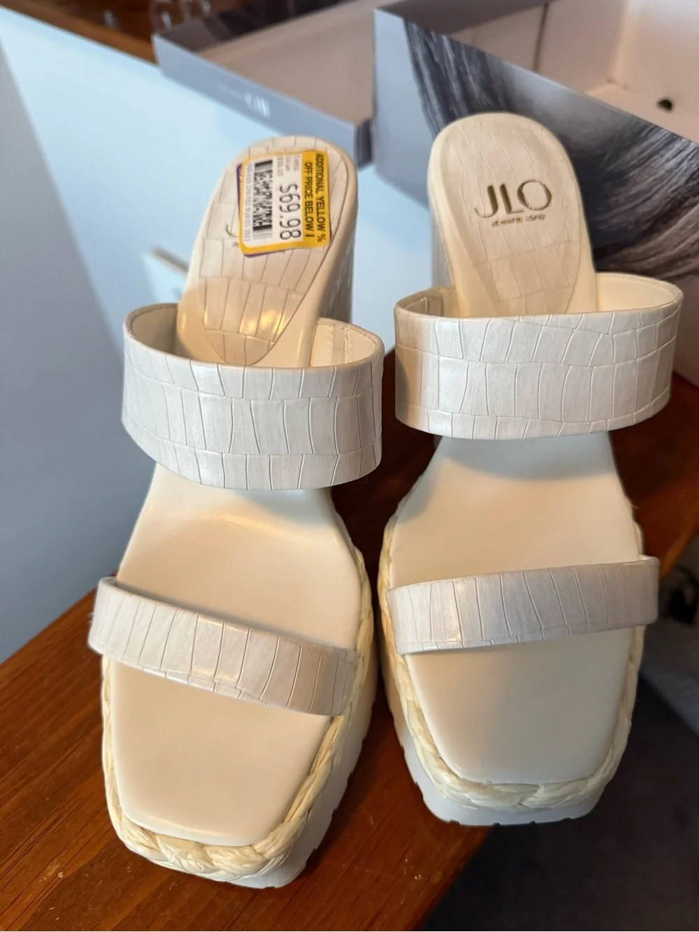 Jennifer Lopez Cream Croc-Embossed Platform Wedge Sandals